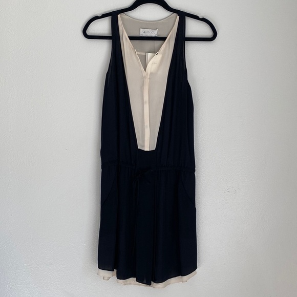 A.L.C 100% Silk Black White Sleeveless Blouson Mini Dress - Picture 1 of 10